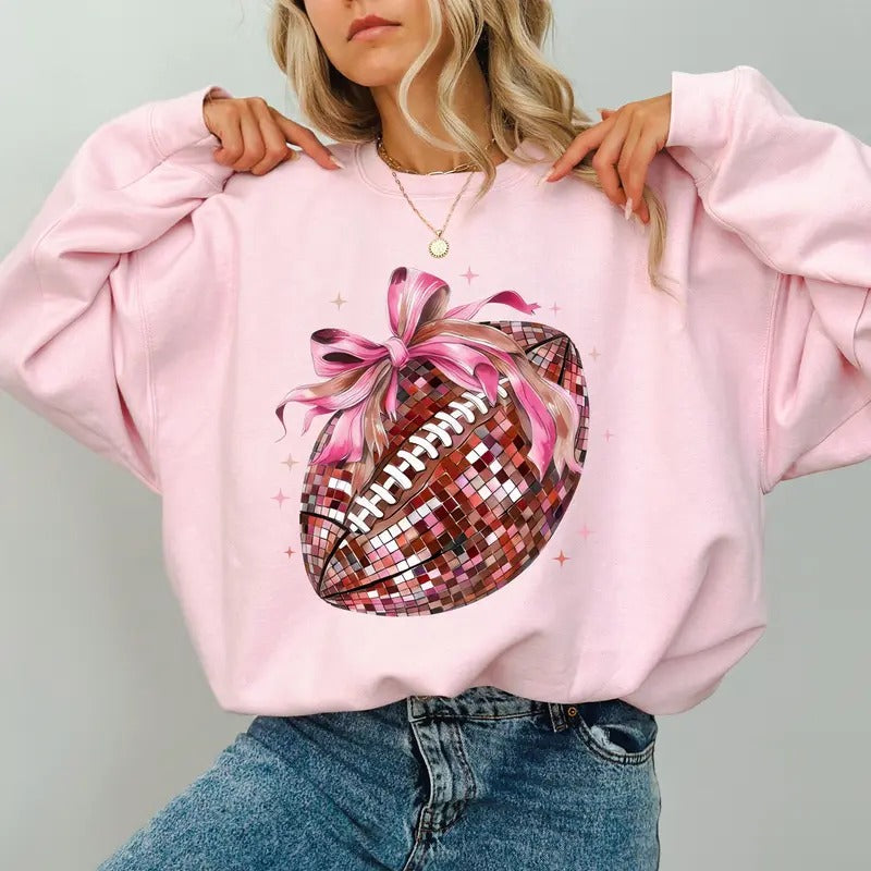 Coquette Bow Disco Football Sweatshirt, Football Crewneck for Girls, Cheer Squad Sweatshirt For Women, Touchdown Season...