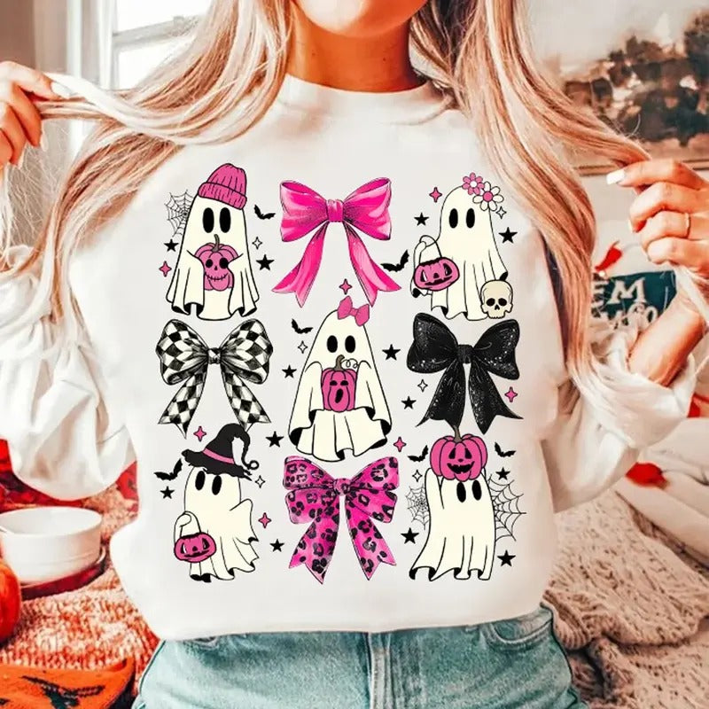Coquette Bow Halloween Sweatshirt, Halloween Pumpkin Sweater, Cute Ghost Sweatshirt, Spooky Season Sweatshirt, Social...