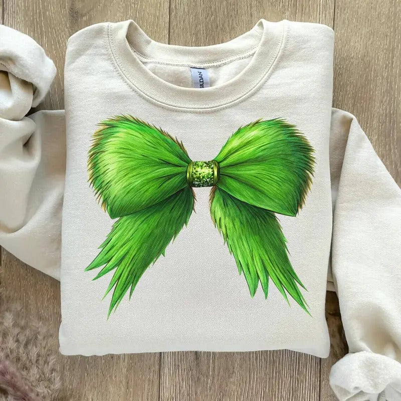 Coquette Bow Sweatshirt Tshirt, Green Fur Shirt, Christmas Season Shirt, Green guy Shirt, Christmas Shirt, Christmas...