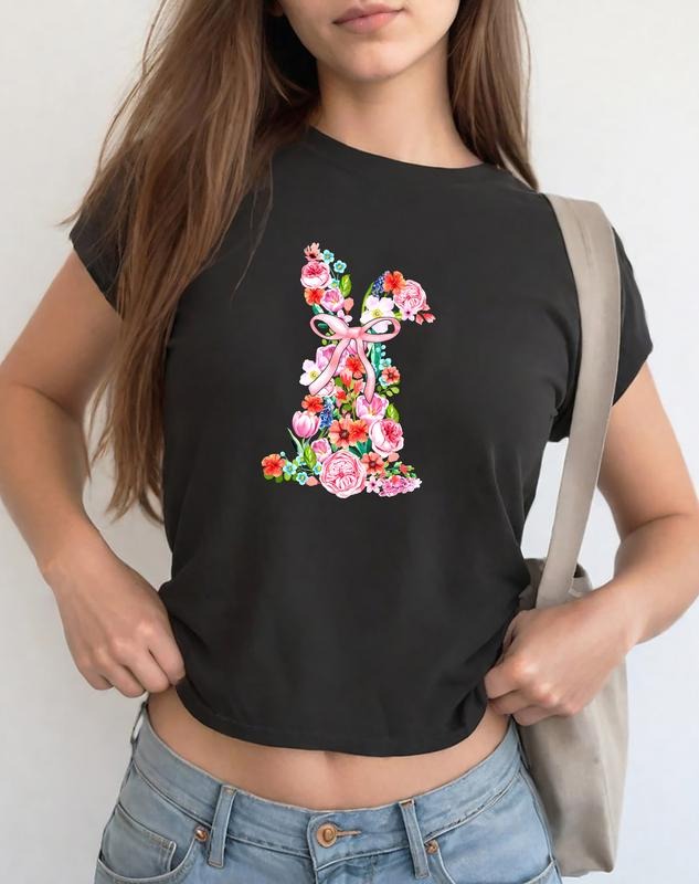 Coquette Bunny Easter Baby Tee, Floral Bunny Coquette Bow Baby Tee, Spring Flowers Bunny T-Shirt, Easter Rabbit Flower...