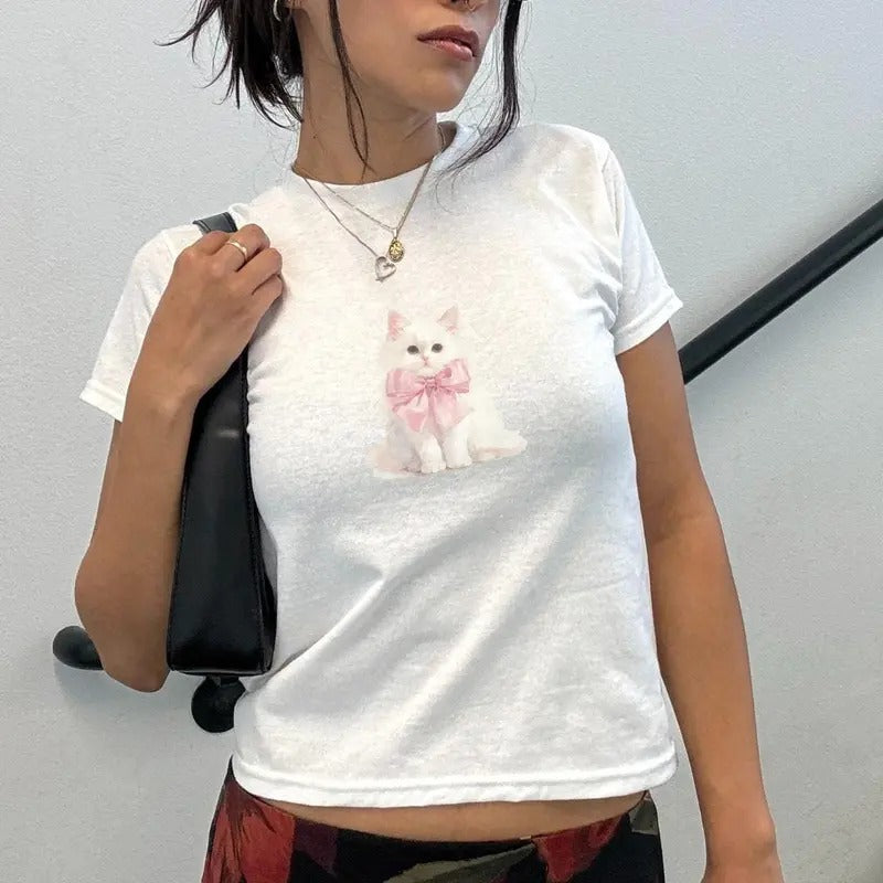 Coquette Cat Ribbon Bow Baby Tee - Trendy Y2K Clothing Aesthetic for Women - Cute and Bold Graphic T-shirt