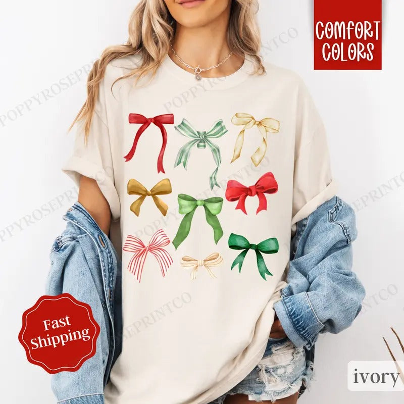 Coquette Christmas Bow Shirt Comfort Colors,  Cute Christmas Tee, Women's Holiday Tshirt Hoodie, Sweatshirt