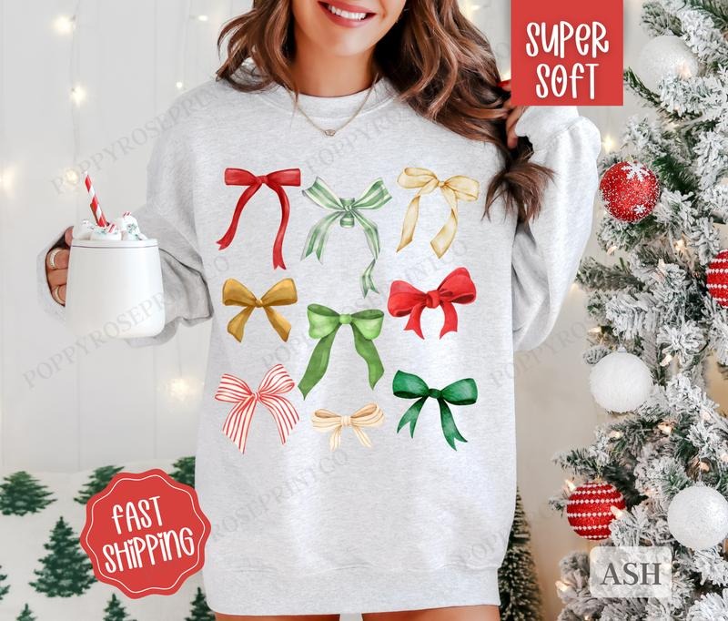 Coquette Christmas Bow Sweatshirt, Cute Christmas Sweater, Women's Holiday Crewneck T-Shirts, Hoodie | HypeCrazeTee.com