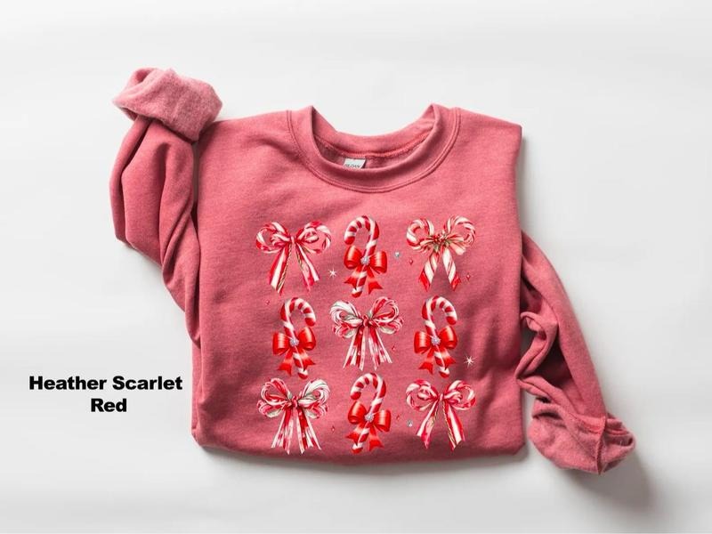 Coquette Christmas Candy Sweatshirt, Christmas Shirt, Candy Cane Bow Sweatshirt, Merry Christmas Crewneck, Womens...