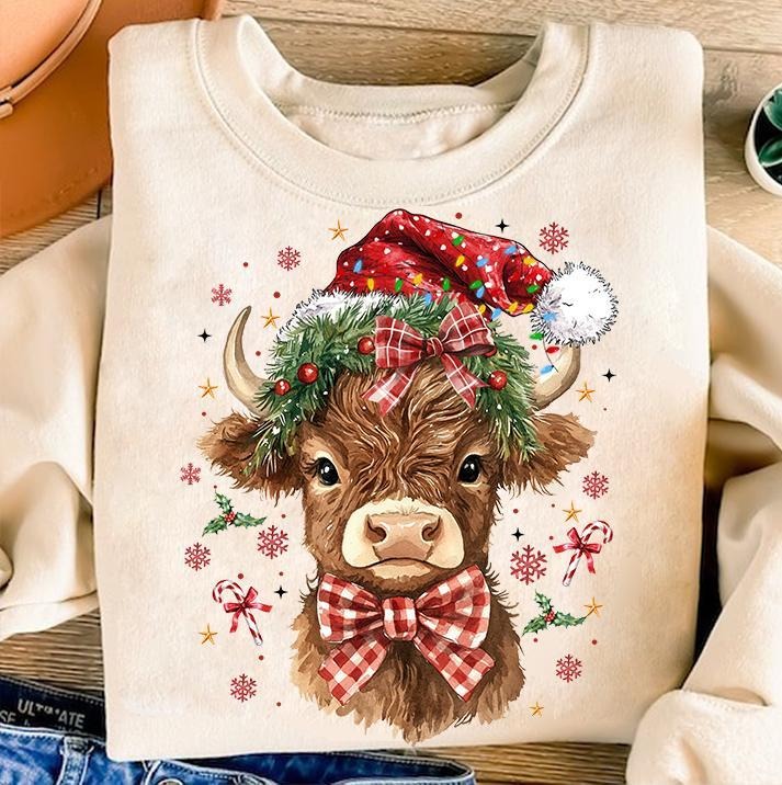 Coquette Christmas Highland Cow Sweatshirt - Western Holiday T-Shirt, Unisex Classic Cotton Hoodie | HypeCrazeTee.com