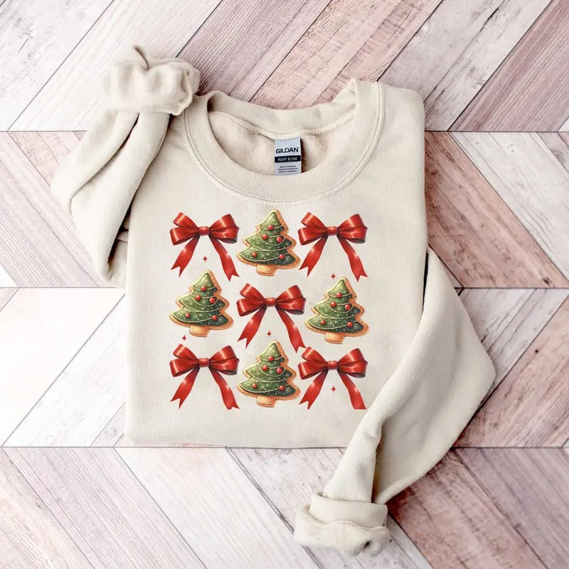 Coquette Christmas Shirt Christmas Tree Cookies Red Bow Sweatshirt Christmas Bow Christmas Cookies Vintage Christmas...