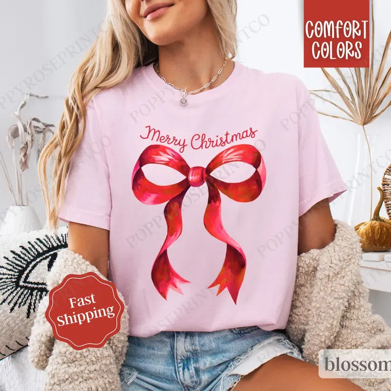 Coquette Christmas Shirt Comfort Colors, Preppy Merry Christmas Tshirt,  Womens Holiday Tee Hoodie, Sweatshirt