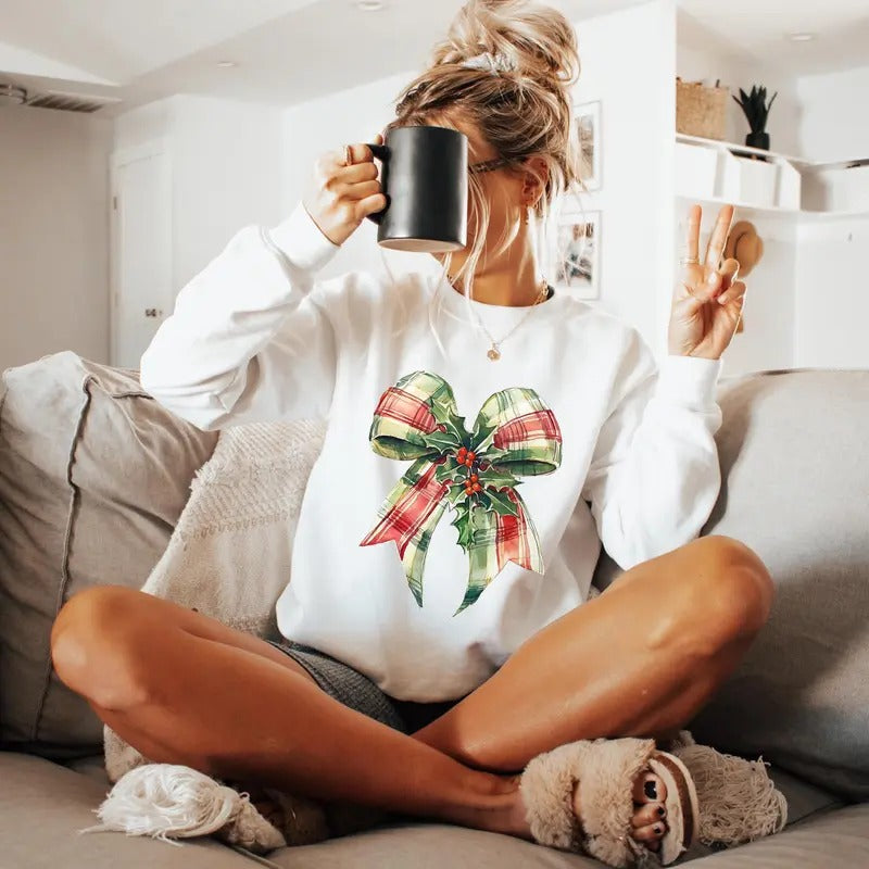 Coquette Christmas Sweatshirt, Christmas Bow Sweater, Holiday Crewneck, Cute Winter Sweatshirt, Women's Holiday Party...