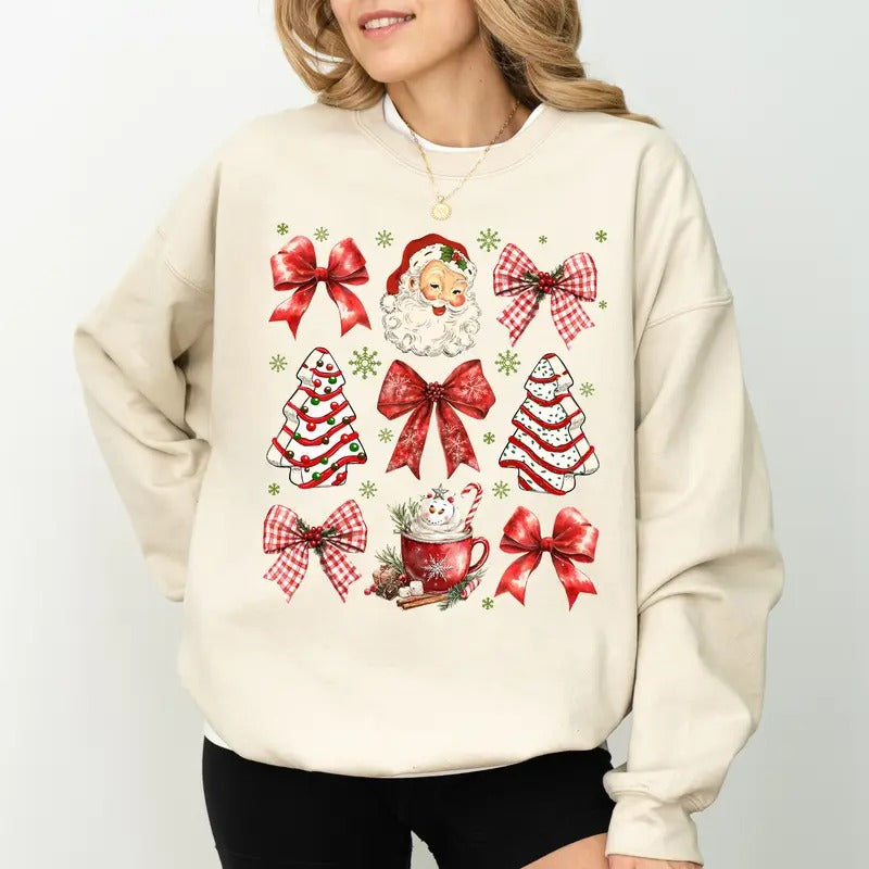 Coquette Christmas Sweatshirt, Vintage Christmas Vibes Crewneck, Retro Holiday Season Long Sleeves Pullover, Santa...