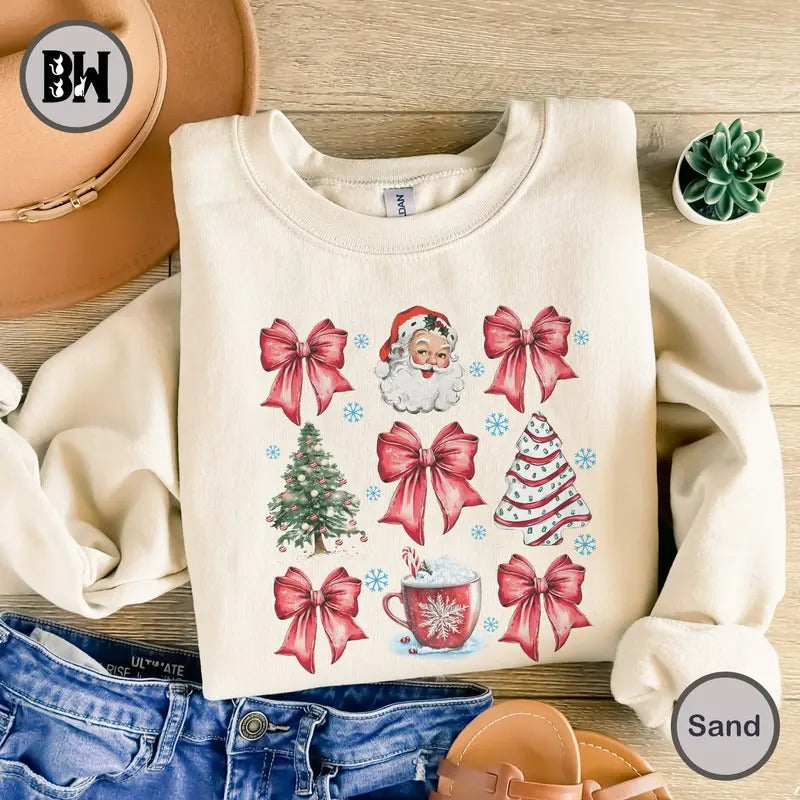 Coquette Christmas T-Shirt, Coquette Bow Sweatshirt, Bow Christmas Tree Sweatshirt, Retro Santa Hot Cocoa Candy Cane...
