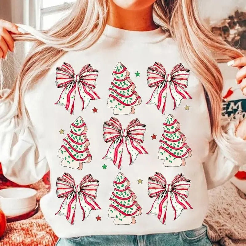 Coquette Christmas Tree Cake Sweatshirt, Christmas Bow T-Shirt, Retro Merry Christmas Tree Holiday Clothing, Girly Xmas,...