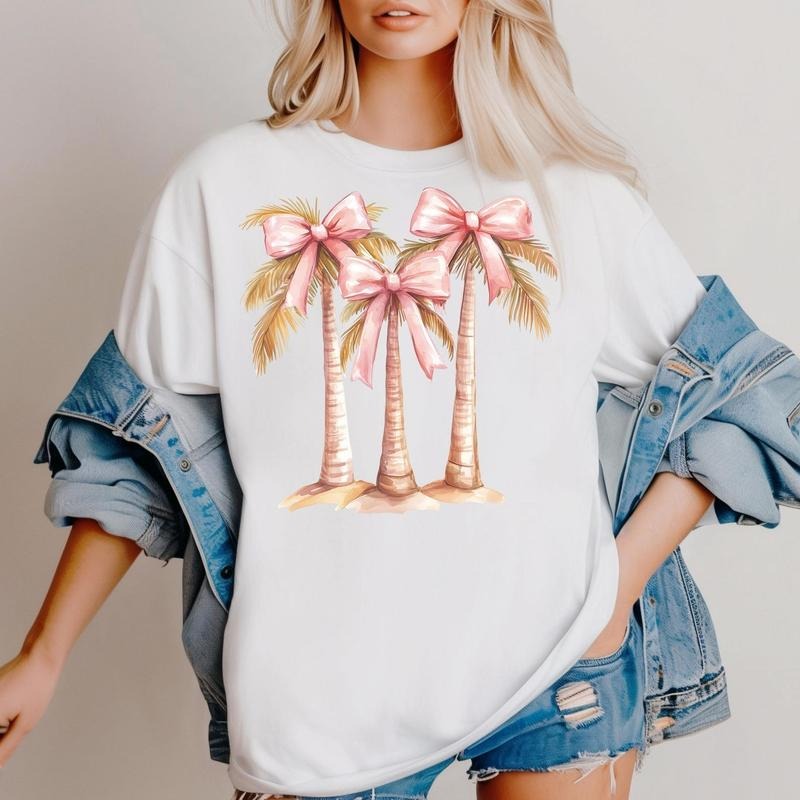 Coquette Coconut Palm Trees Shirt, Bow Beach Summer Tee, Coastal Girly Ocean Top, Summer Girly Coquette Bow Gift for Her...