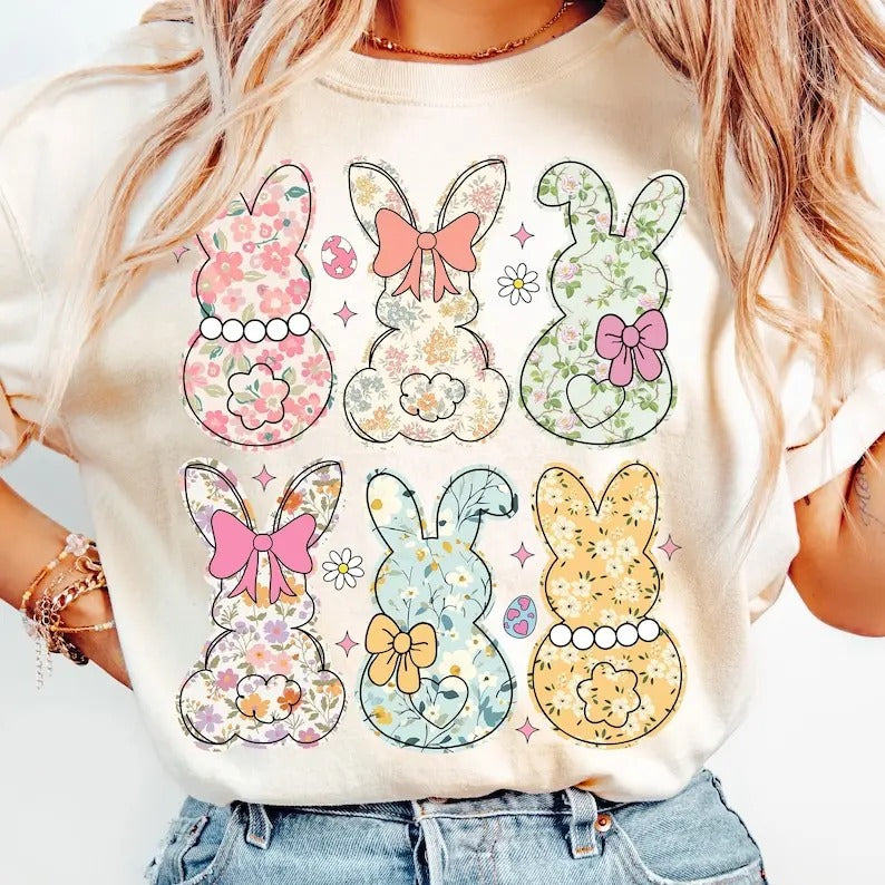 Coquette Easter Bunny Floral Shirt, Easter Bunny Coquette Easter Shirt, Girly Easter Kids Bow, Retro Easter Spring Floral...