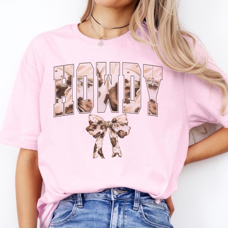 Coquette Howdy Western Tee Country Howdy Cowhide Tshirt Country Western Tee Girly Howdy Western T-Shirt Cow Print Bow...