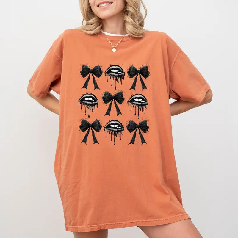 Coquette Lips And Bows Gothic Shirt, Gothic Vibes Tee, Halloween Coquette Unisex Shirt, Halloween Party Graphic Printed...