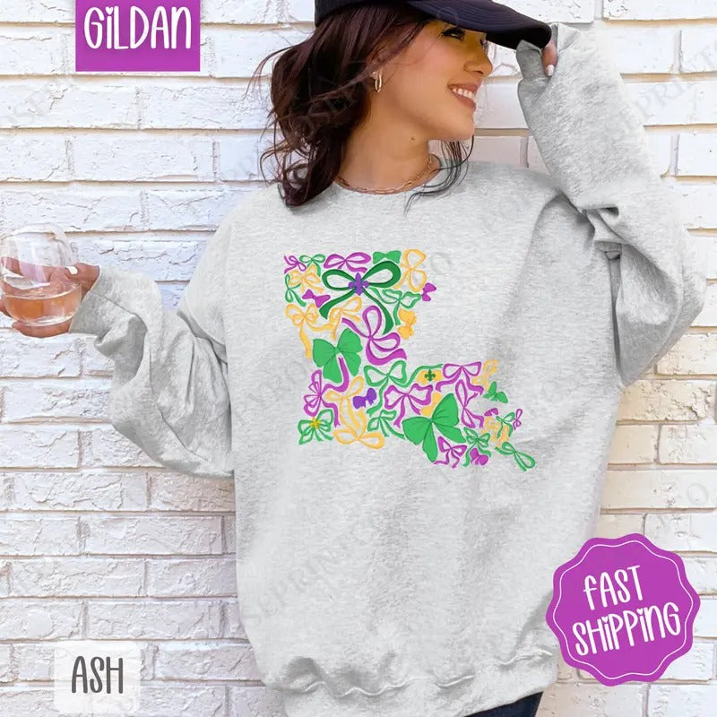 Coquette Louisiana Mardi Gras Sweatshirt, Fat Tuesday Bows Crewneck, Holiday Women's Sweater T-Shirts, Hoodie
