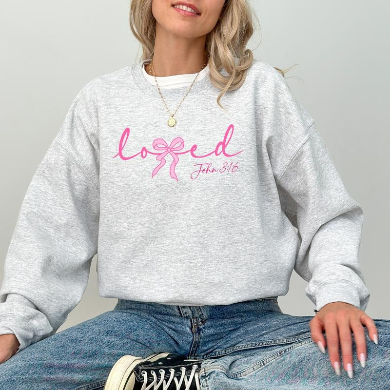 Coquette Loved John 3:16 Sweatshirt, Bible Verse Long Sleeves Pullover, Christian Valentine Gifts, Religious Crewneck...