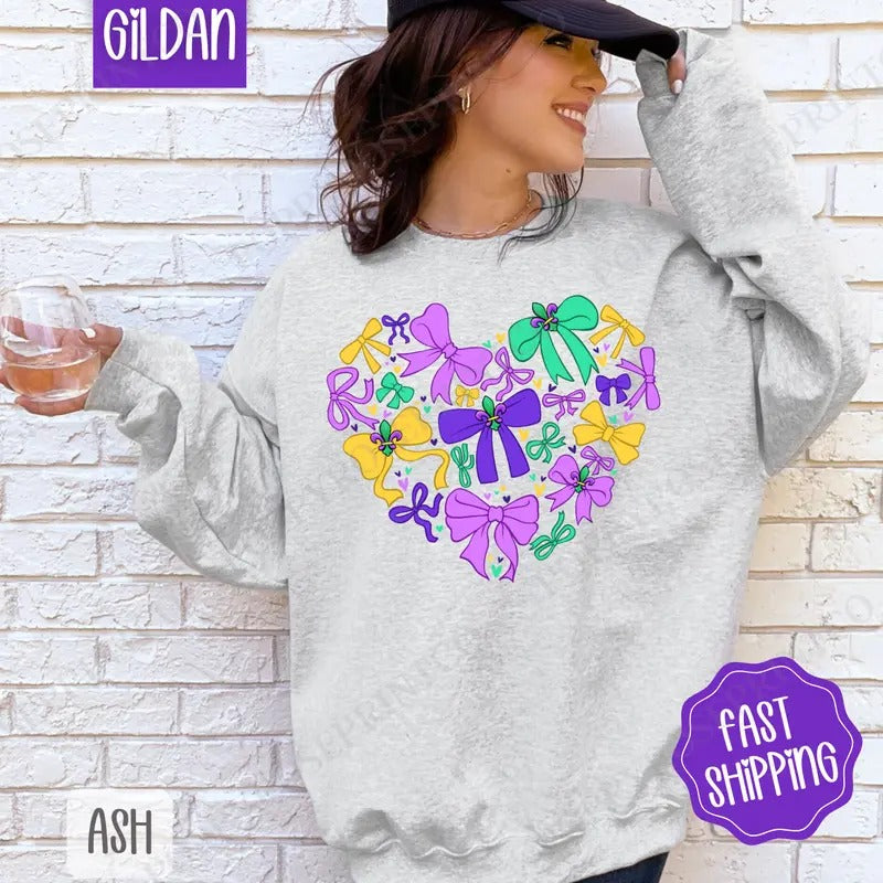 Coquette Mardi Gras Heart Sweatshirt, Mardi Gras Bows Crewneck, Holiday Women's Sweater T-Shirts, Hoodie | HypeCrazeTee.com
