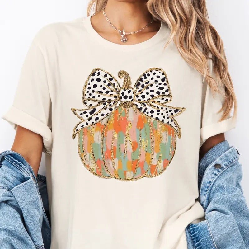 Coquette Pumpkin Tee Fall Faux Glitter Pumpkin Tshirt Polkadot Fall Bow Pumkin T-Shirt Womens Fall Pumpkin Top Multi...