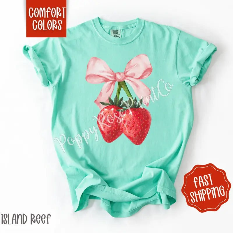 Coquette Strawberry Comfort Colors Tshirt, Fruit Summer Shirt, Cute Women's Tee, Gift For Her Hoodie, Sweatshirt