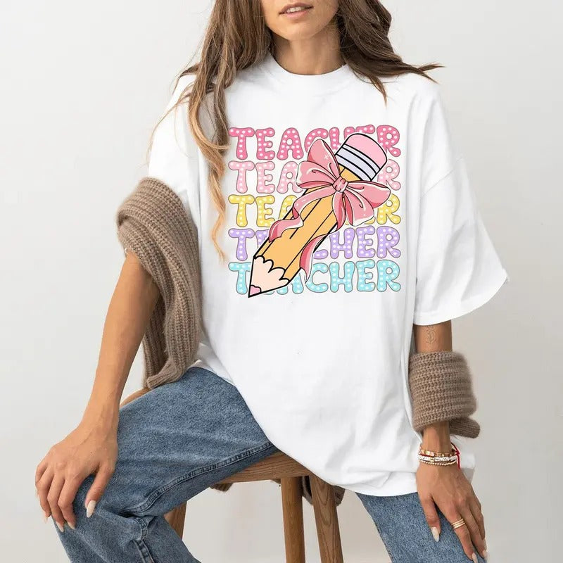 Coquette Teacher Shirt Pencil Coquette Bow Shirt Teacher Dalmatian Dots Teacher Bright Doodle School Shirt Back School Shirt Full Size Full Color Friend T-Shirts, Hoodie, Sweatshirt