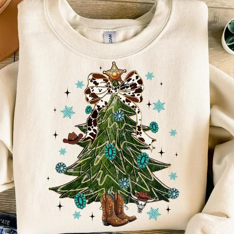 Coquette Turquoise Christmas Tree Crewneck Sweatshirt, Christmas Tree, Cowhide, Western Country, Christmas Cowgirl Shirt...