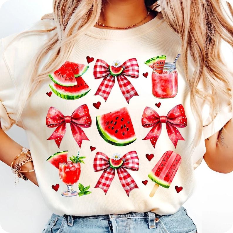 Coquette Watermelon Bow Preppy Mama Summer Glitter Cute Floral Watermelon Clipart Girly Cottage T-Shirt Hoodie, Sweatshirt