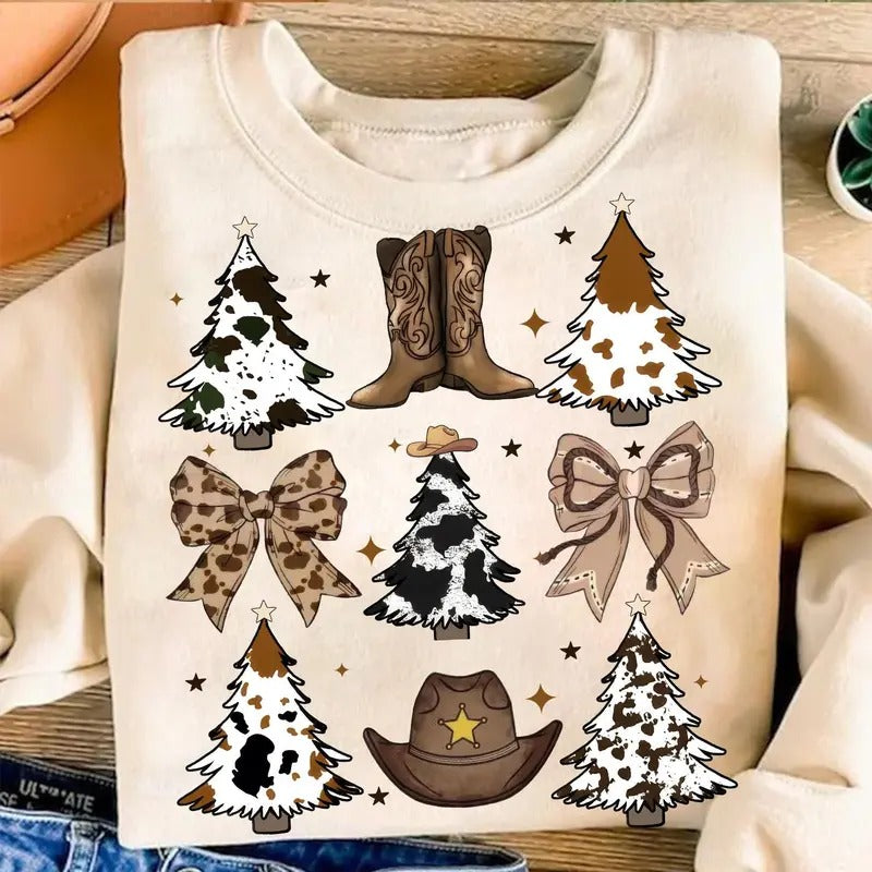 Coquette Western Christmas Tree Cowgirl Christmas Shirt, Howdy Christmas Tree, Girls Leopard Coquette Bow Sweater Hoodie,...