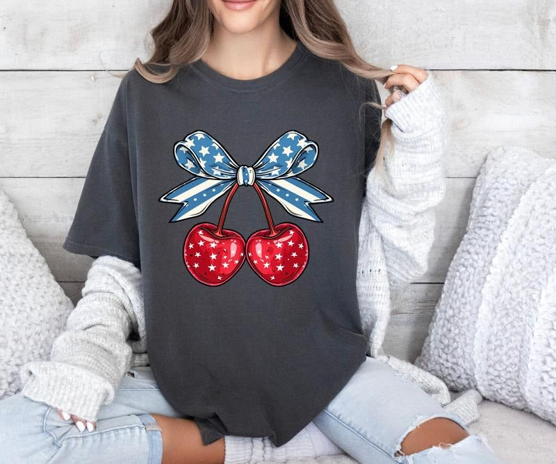Coquette american flag Cherry Design Comfort colors Tee shirt Hoodie, Sweatshirt | HypeCrazeTee.com