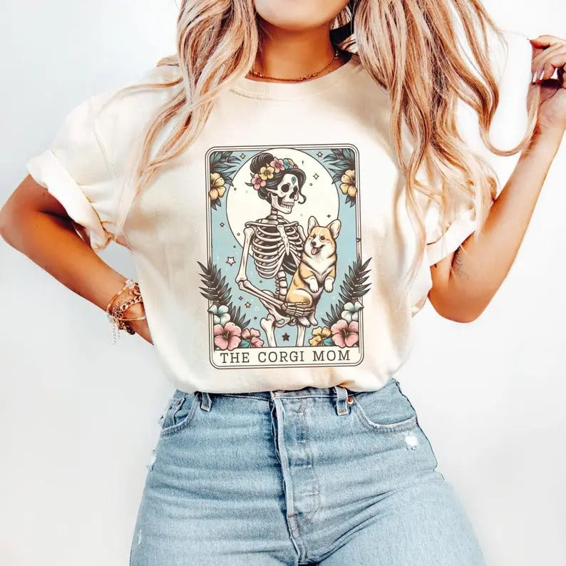 Corgi Shirt, Corgi Mom Tarot Card T-shirt, Corgi Gift, Hawaiian Dog Shirt, Skeleton Corgi Mom Tee, Gift for Corgi Lover...