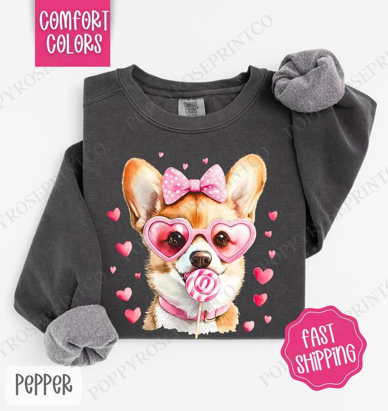 Corgi Valentine Sweatshirt Comfort Colors, Dog Valentine's Day Women's Crewneck, Cute Women's Sweater T-Shirts, Hoodie