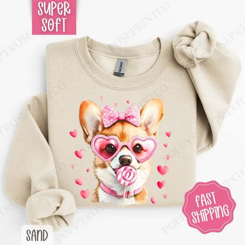 Corgi Valentine Sweatshirt, Dog Valentine's Day Crewneck, Cute Women's Sweater T-Shirts, Hoodie | HypeCrazeTee.com