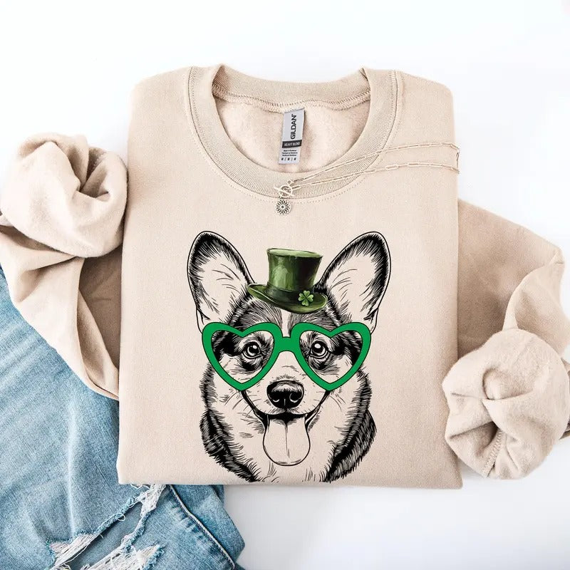 Corgi, Adorable Dog, St Patrick's Day, Lucky, Irish Sweatshirt, Crew Neck, Women's, Crewneck T-Shirts, Hoodie