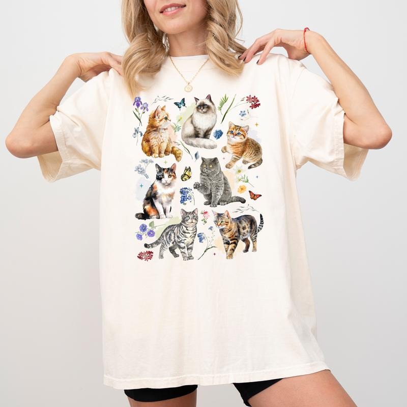 Cottage Cats Tee, Floral Vintage Kittens And Flower Aesthetic Graphic Shirt, Watercolor Cats Unhinged Shirt, Funny Shirt...
