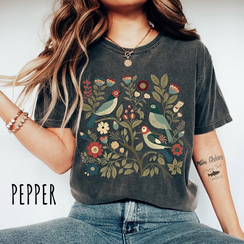 Cottagecore Birds and Flowers T-Shirt, Folk Art Scandi Art T-Shirt, Plus Sizes and Oversized T-Shirts, Bird Gifts, Flower...