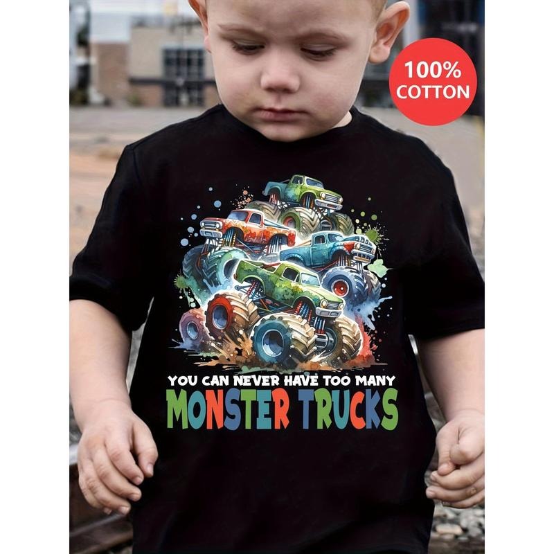 Cotton Leisure and Comfortable Boys Summer Tops-Monster Truck Cartoon Printed Short Sleeve Crew Neck T-shirt-Creative...