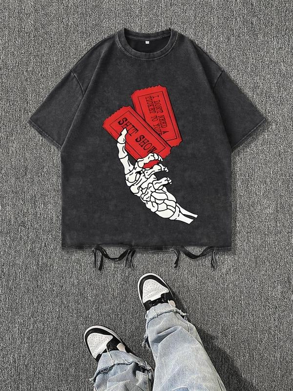 Cotton Men's Washed Vintage Print T-Shirt, Casual Summer Fitted Knitwear, Shein's Top Seller, Moderate Thickness Fabric,...