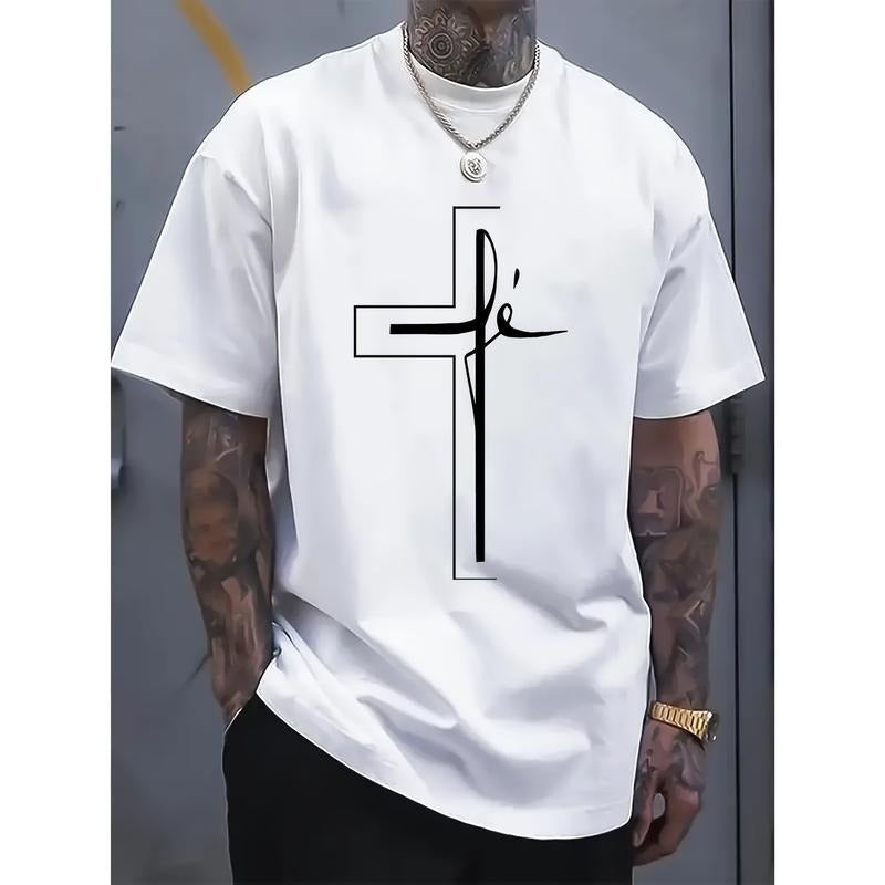 Cotton Short Sleeve  T-Shirt Men'S Summer Casual Sports T-Shirt with Religious Cross Print, Polyester 100%, Crew Neck,...