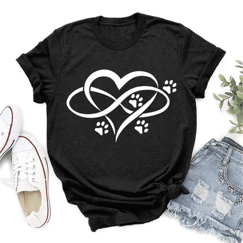 Cotton Short Sleeve Dog Paw Print T-Shrits For Women Summer Short Sleeve Round Neck Cute Loose T-Shirt Creative...