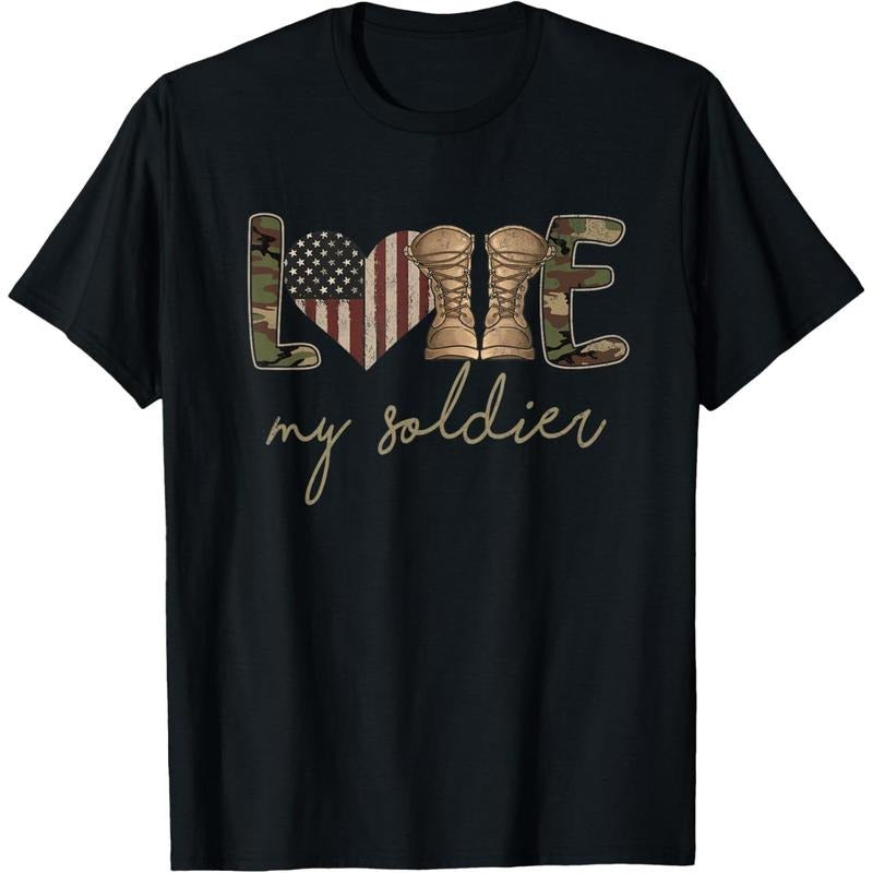 Cotton Short Sleeve I Love My Soldier Military Army Wife USA Camour Flag T-Shirt for Men Women Hoodie, Sweatshirt