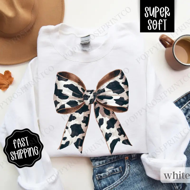 Cow Bow Sweatshirt, Coquette Cow Crewneck,  Women's Sweater T-Shirts, Hoodie | HypeCrazeTee.com