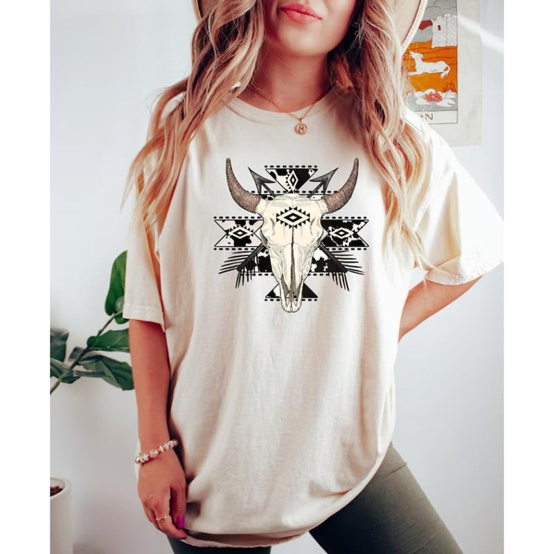Cow Skull Shirt, Western Aztec Bull Skull Tee, Rustic Rodeo T-Shirt for Country and Boho Cowgirl Style Hoodie, Sweatshirt