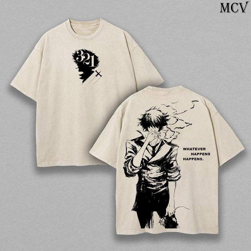 Cowboy Bebop Spike Spiegel T-Shirt | Whatever Happens Quote | 90s Retro Anime Shirt | Oversized Unisex Cotton Washed Tee...