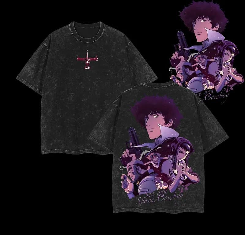Cowboy Bebop Tees Anime Double Printed Vintage Washed Tee Unisex Heavyweight Cotton T-shirt for Anime Fans and Lovers...