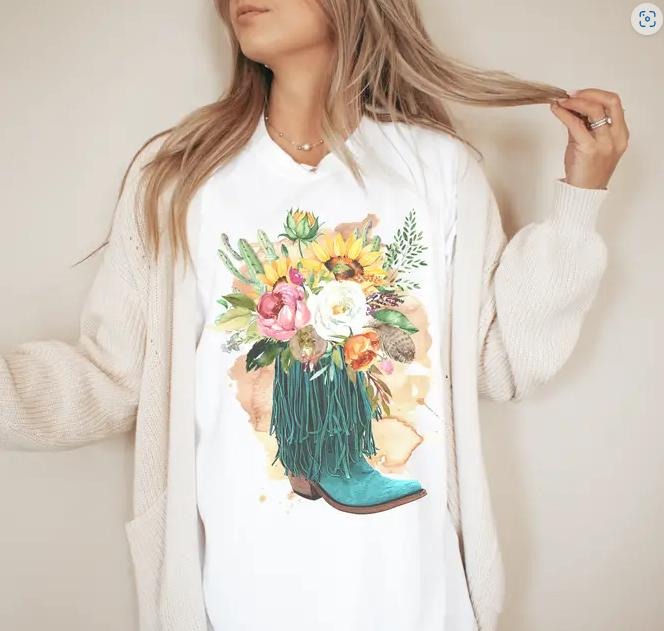 Cowboy Boots T-shirt Floral Country Tshirt Retro Boots Tee Cowgirl Flowers T-shirt Cowgirl Boots Tshirt Floral Cowboy Tee...