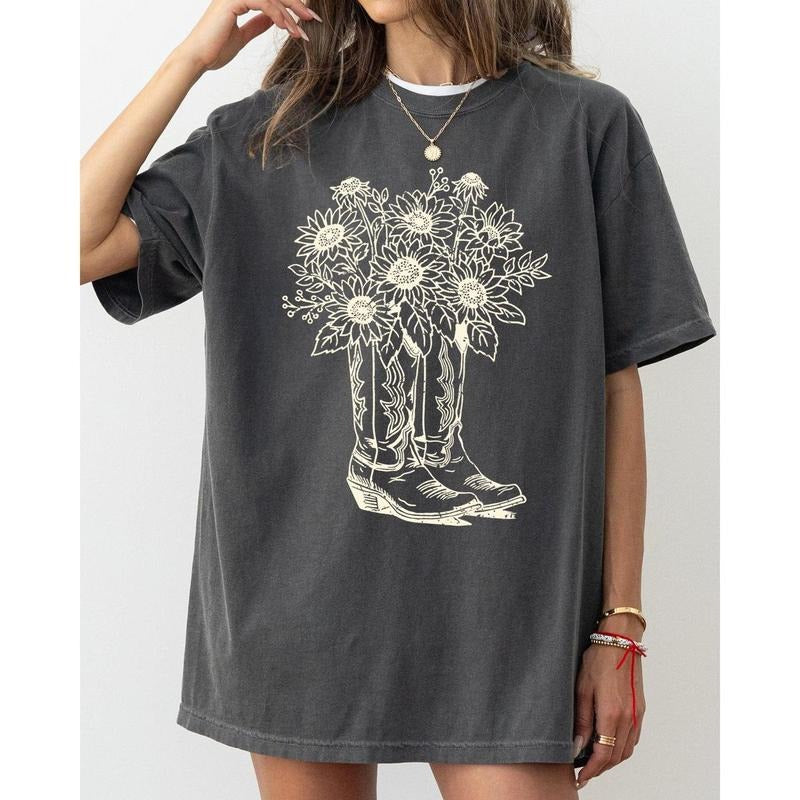 Cowboy Boots and Flowers Tshirt, Cowgirl, Western, Retro Tshirt, Women's Tee Hoodie, Sweatshirt | HypeCrazeTee.com