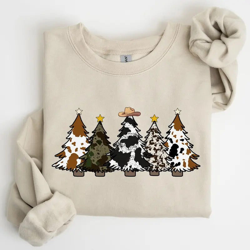 Cowboy Christmas Trees, Winter, Snow, Santa Sweatshirt, Women's Crew Neck, Crewneck T-Shirts, Hoodie | HypeCrazeTee.com