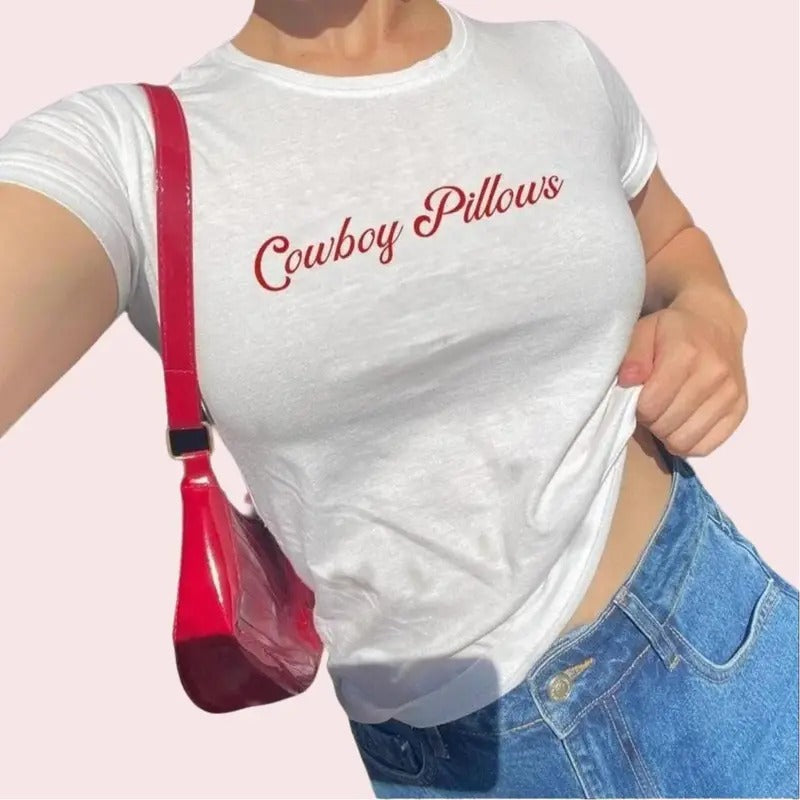 Cowboy Pillows Womens Baby Tee Western Inspired Women's Tee Bold Red Typography Cowboy Style Shirt Rodeo Theme Hoodie,...