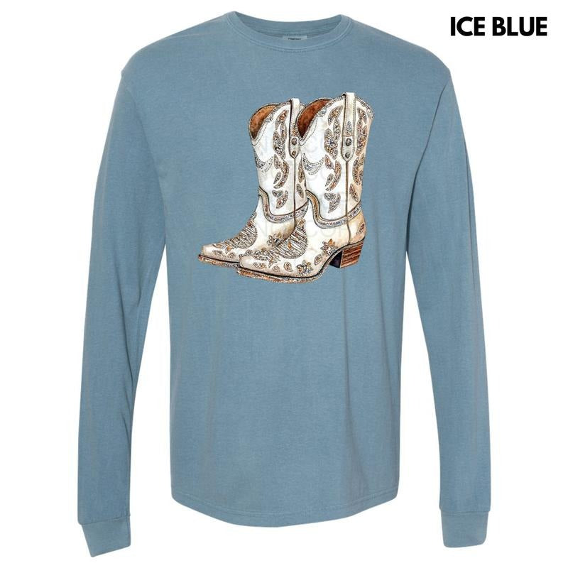 Cowgirl Boots Faux Rhinestone Long Sleeve Comfort Colors T-Shirt Hoodie, Sweatshirt | HypeCrazeTee.com