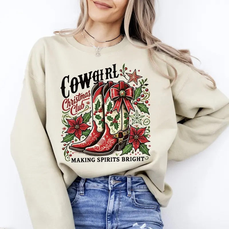 Cowgirl Christmas Club, Cowboy Boots, Western, Santa, Flowers Sweatshirt, Crew Neck, Women's, Crewneck T-Shirts, Hoodie
